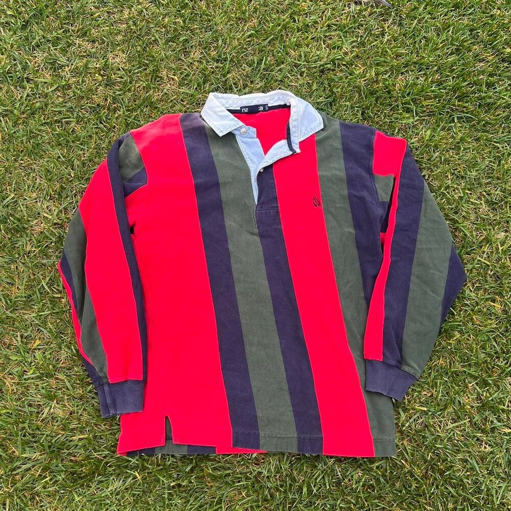 90s Nautica striped polo rugby long sleeve mens size L